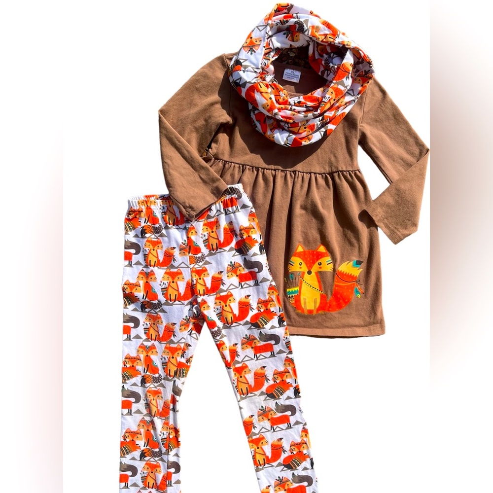 Girls Size: XL- (6T) Fall Fox Printed Top, Leggings & Scarf Set